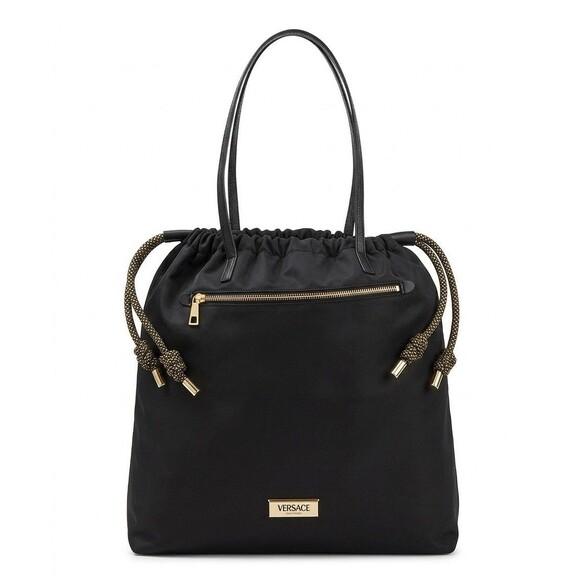 Versace Handbags - Limited Edition Versace Black Nylon Drawstring Tote Bag – Signature Gold